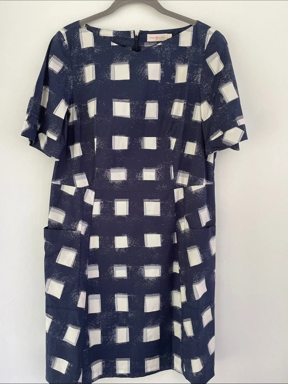 Tory Burch Navy  White Geometric Short-Sleeve Dress 8 FLAW & No Belt